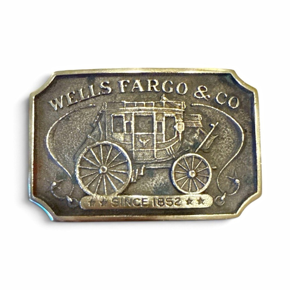 Wells Fargo & Co Since 1852 Stagecoach Western Americana Belt Buckle Brass F0222